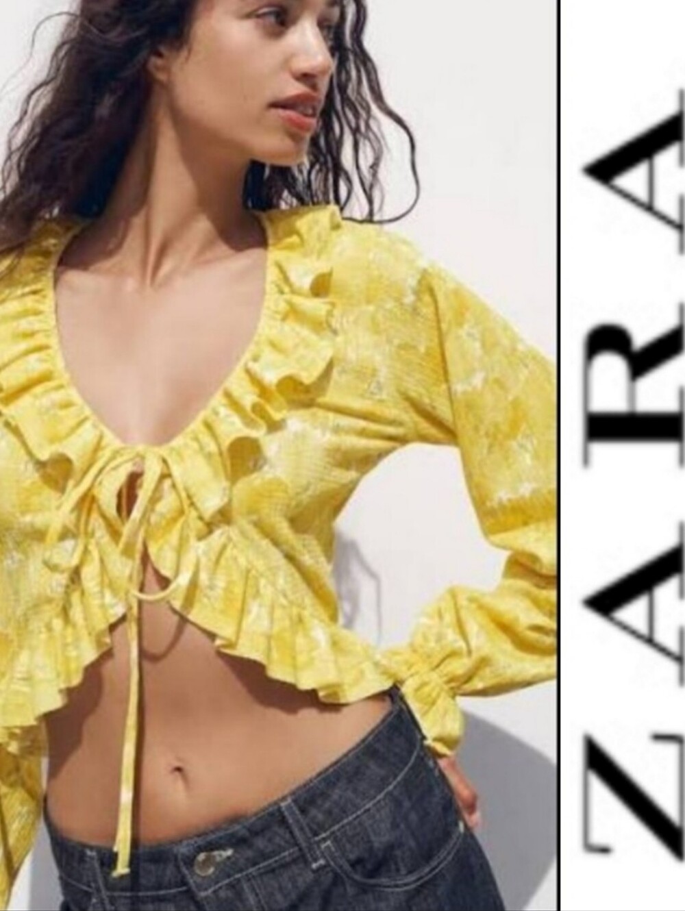 Zara Floral Ruffle Tie-Front Blouse Long Sleeve,  Yellow